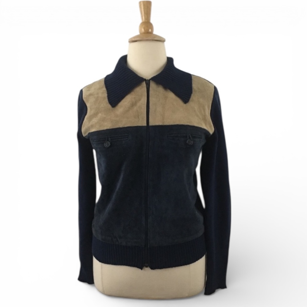 Vintage Unisex Knit Leather Shacketβ XL Menβs Womenβs Zip Up Sweater Jacket